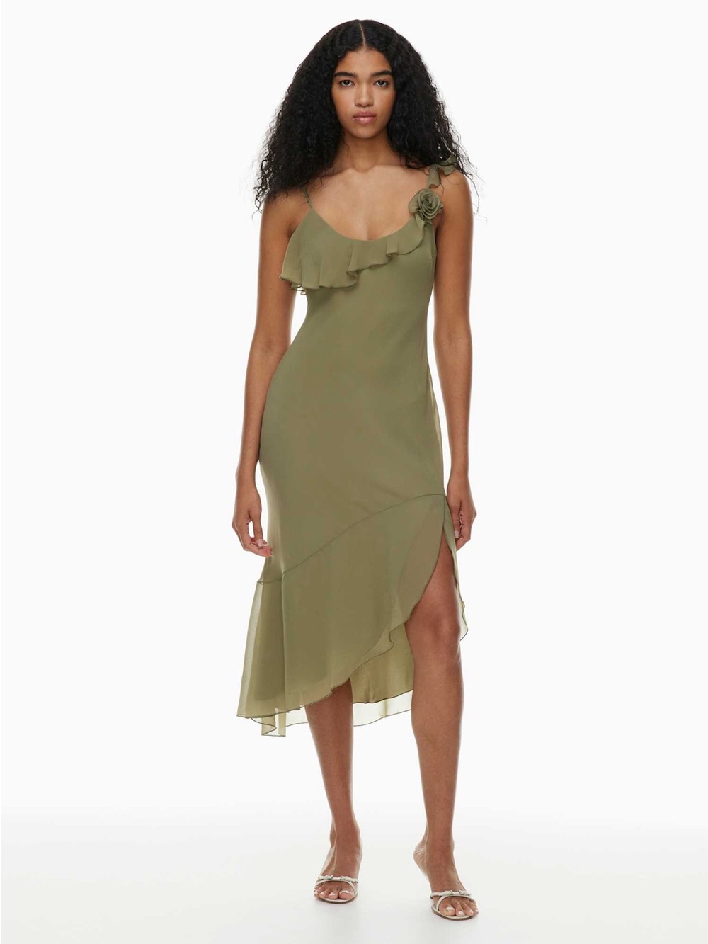 Wilfred Aritzia Engage Olive Ruffle Asymmetrical Slip Dress